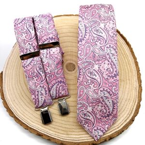 Tirantes y corbata paisley rosa y gris