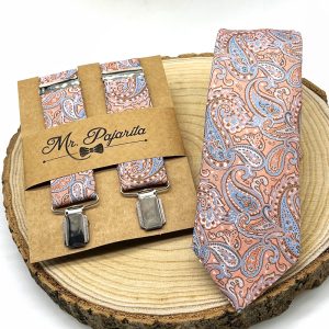 Tirantes y corbata paisley salmón y azul