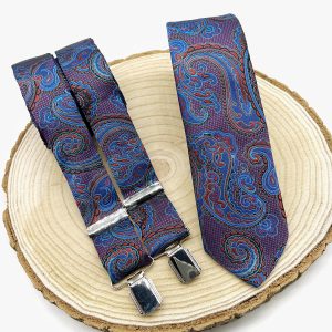 Tirantes y corbata paisley azul y rojo